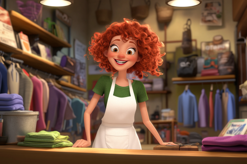 A cartoon character at her happy clothes store