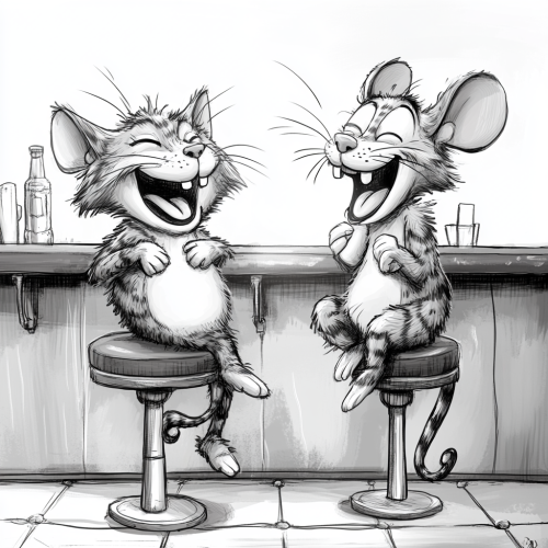 A cat and mouse laugh at a bar