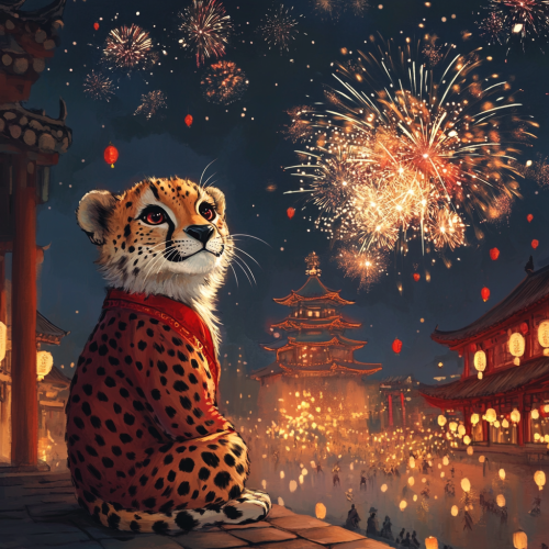 A cheetah plays with fireworks on Chinese New Year