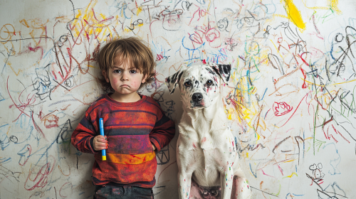 A child and dog in trouble over drawn walls