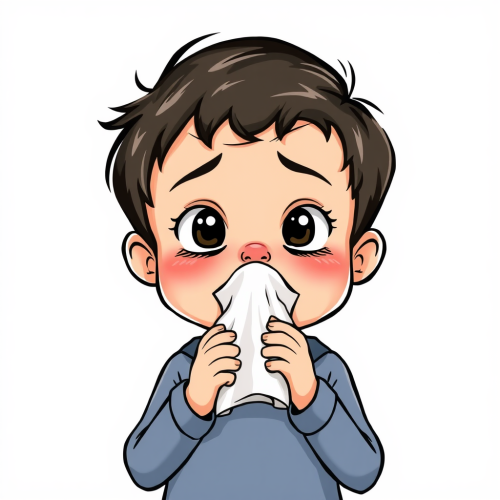A child sneezes holding tissue, cartoon image