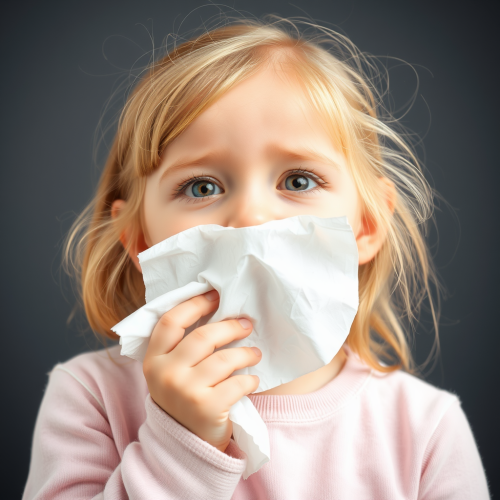 A child sneezing into a tissue.