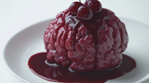 A close up of brain cake with cherry sauce