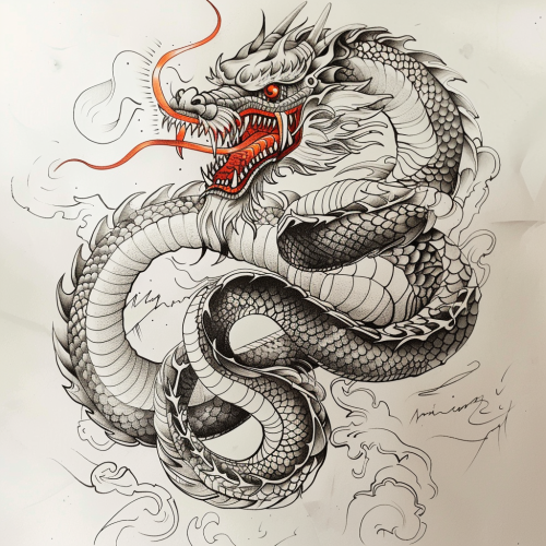 A coiled sepia dragon with red eyes and tongue