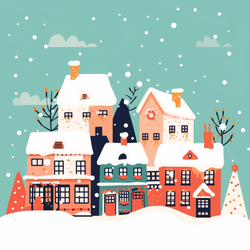 A colorful Christmas village with thick outlines