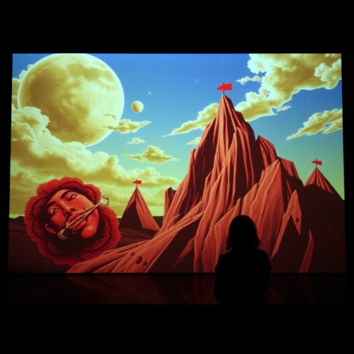 A colorful artistic projection mapping on a wall.