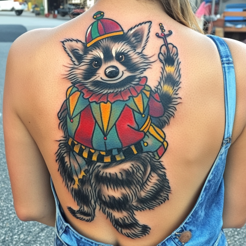 A colorful circus clown raccoon tattoo on shoulder.
