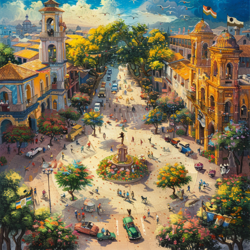 A colorful city with people, cars, and flowers