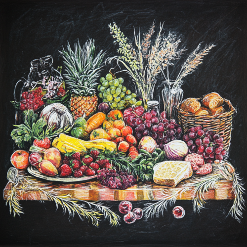 A colorful food table drawn on a chalkboard