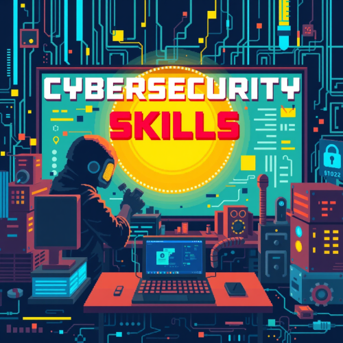 A colorful game-style illustration showing cybersecurity skills gap.