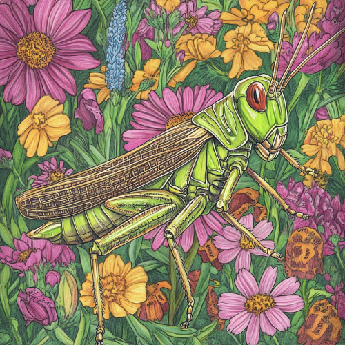 A colorful grasshopper in a flowery habitat.