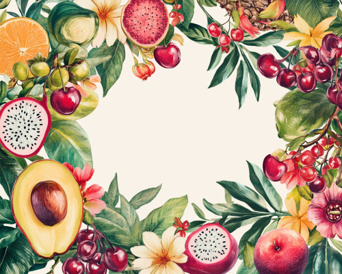 A colorful illustration of exotic fruits and flowers