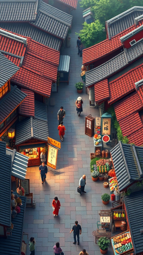 A colorful old Japanese market with lots of shops.