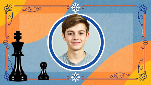 A colorful school banner with chess icon and photo.