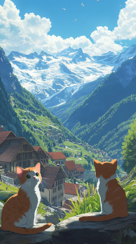 A colorful village with kittens under a blue sky.