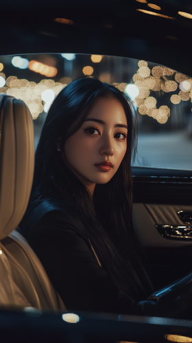 Japanese woman in luxury car interior