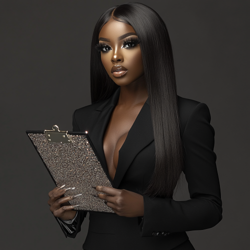 A confident businesswoman in sharp suit and glam makeup