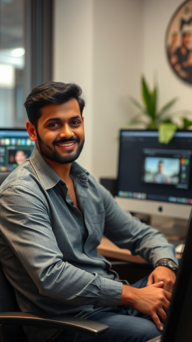 A confident man with computer, looking at camera.