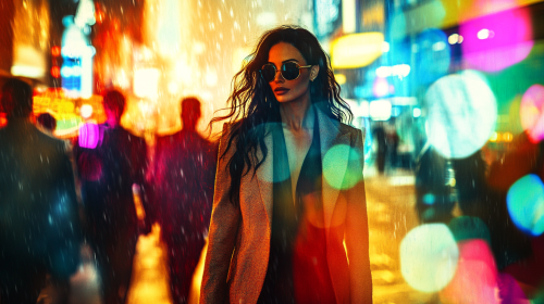 A confident woman in colorful city scene