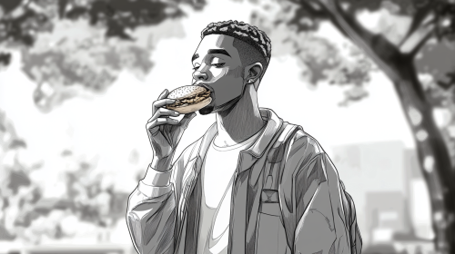 A cool guy eating chicken burger in park.