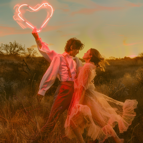 A country couple playing at sunset: a whimsical collage.