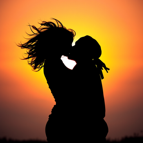 A couple kissing on beach at sunset silhouette.