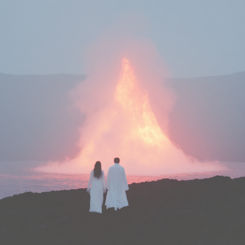 A couple walks to fire in sea at sunset.
