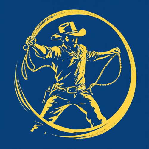 A cowboy logo with lasso in hand
