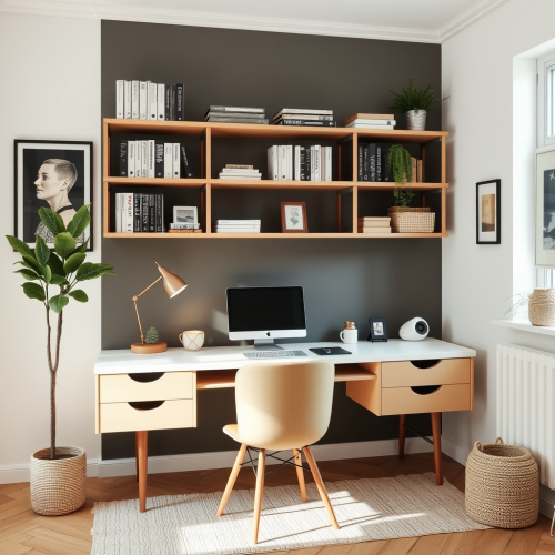 A cozy Scandinavian home office with plants.