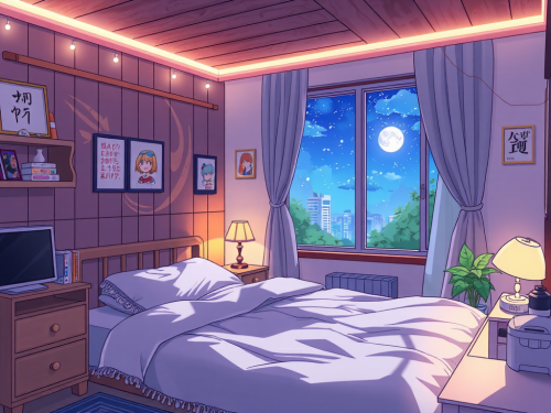 A cozy anime bedroom with colorful decorations. A cozy anime bedroom with colorful decorations.