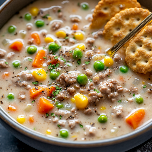 A cozy bowl of creamy vegetable soup with beef