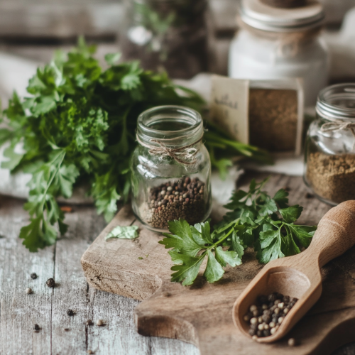 A cozy kitchen corner with herbs and spices