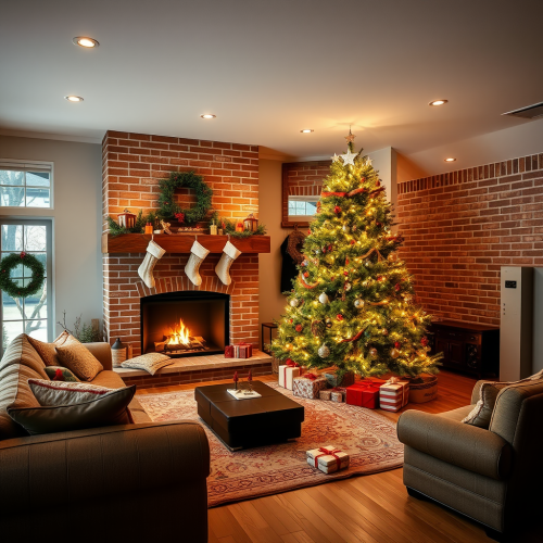 A cozy living room decorated for Christmas.