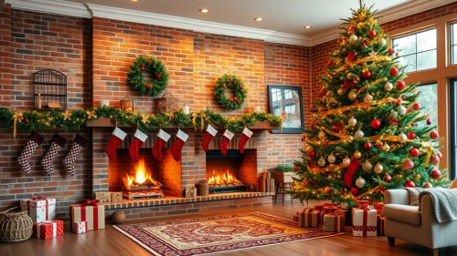A cozy living room with a lit fireplace.