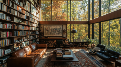 A cozy living room with books, art and nature. A cozy living room with books, art and nature.