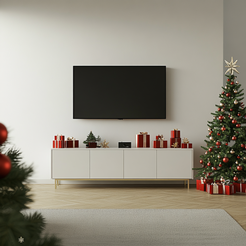 A cozy living room with festive Christmas decor