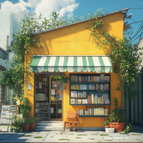 A cozy yellow bookstore with plants and awning