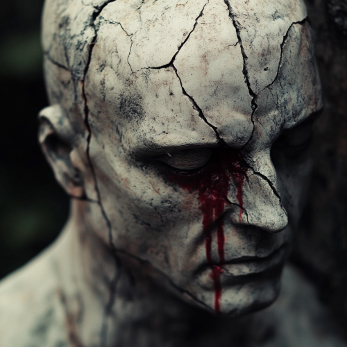 A creepy marble statue with red cracks