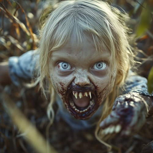 A creepy pale zombie scares little blond girl