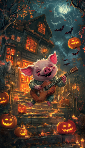 A cute Halloween zombie pig plays guitar