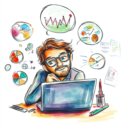 A cute adult doing e-learning with graphs.