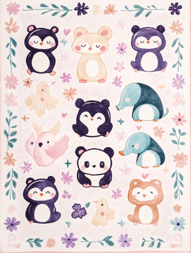 A cute animal-themed carpet with playful floral borders