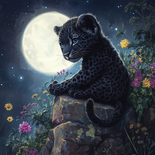 A cute black leopard cub under the moon