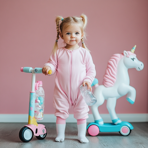 A cute girl in pink pajamas with pigtails