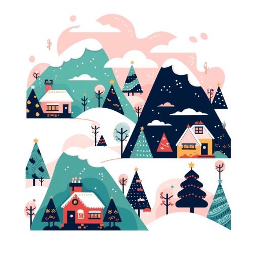 A cute old snowy village with Christmas trees