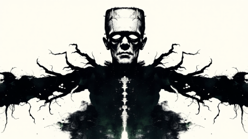 A dark, eerie Frankenstein silhouette in ink