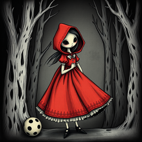 A dark Tim Burton style Little Red Riding Hood.
