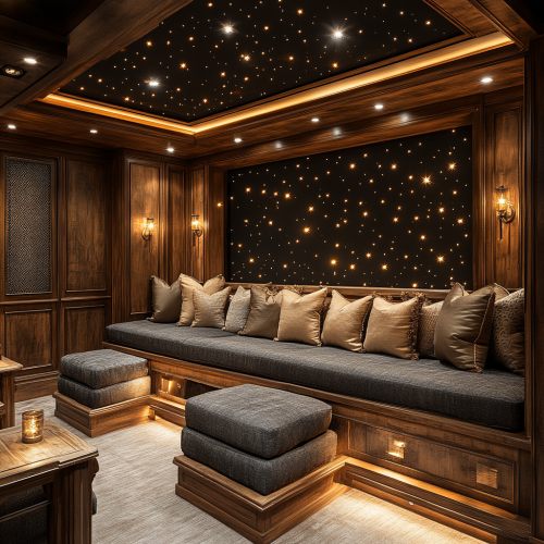 A dark and cozy home theater with LED lights