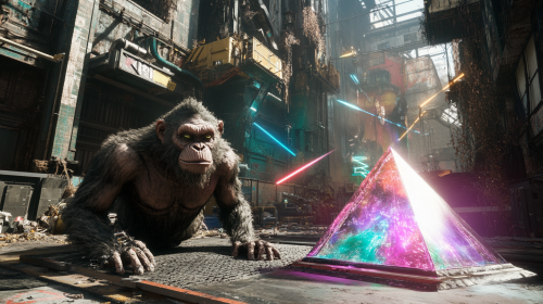 A dead cyborg ape on floating cyberpunk platform