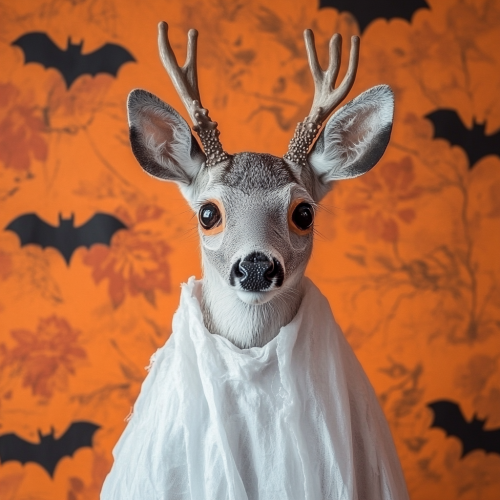 A deer in a ghost costume with bats